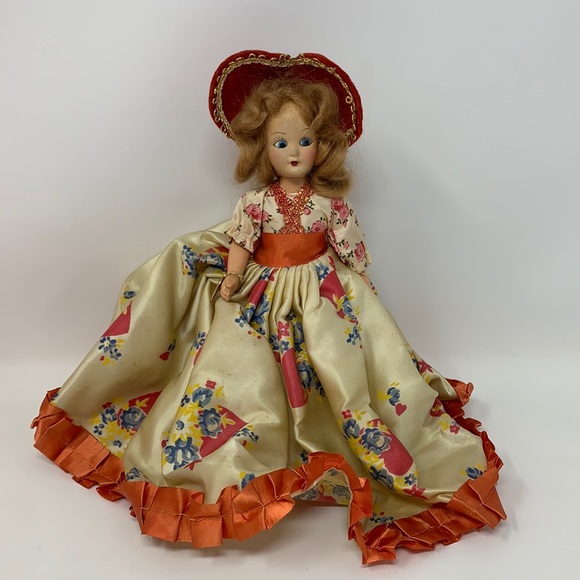 Vintage doll blue eyes in gorgeous gown dress hat